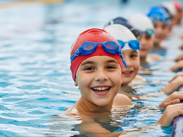 Kids having fun in the pool during swimming lesson in an aquatics center class