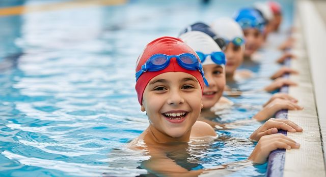 Kids having fun in the pool during swimming lesson in an aquatics center class